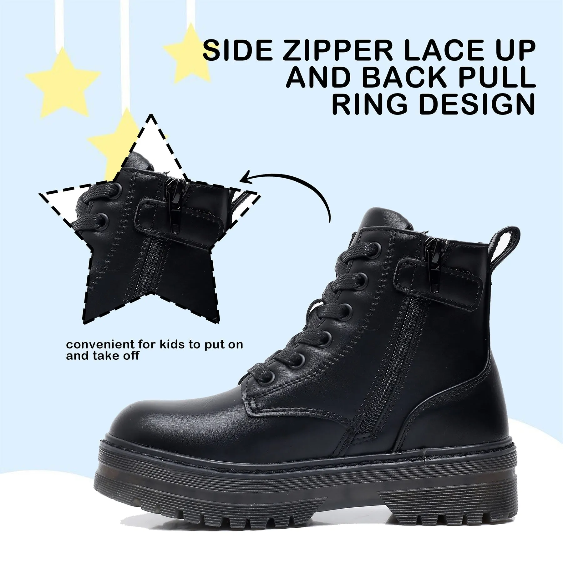 Apakowa Kids Girls Combat Ankle Boots With Side Zipper for Toddler Little/Big Kid-DY6250-Black