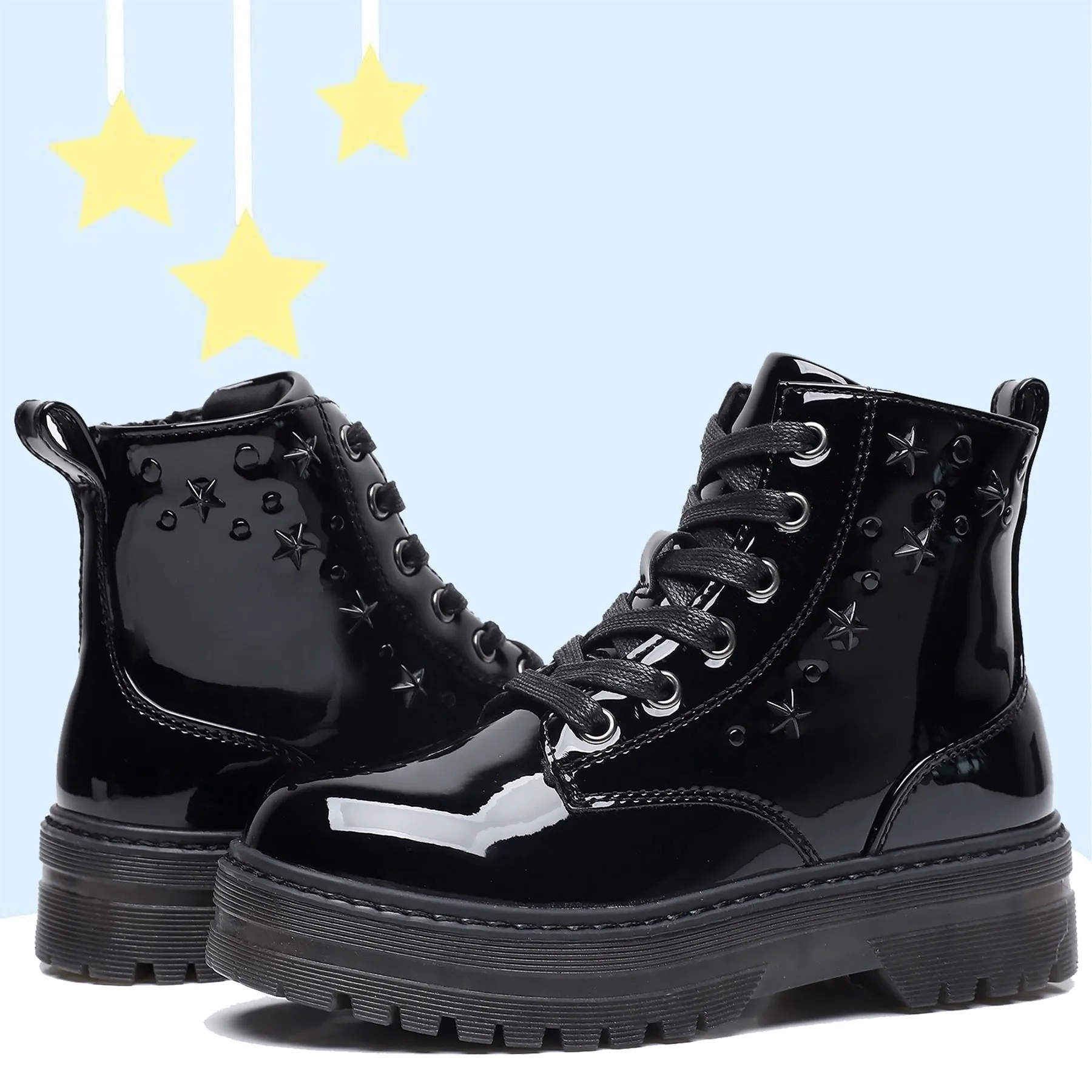Apakowa Kids Girls Combat Ankle Boots With Side Zipper for Toddler Little/Big Kid-DY6250-PatentBlack