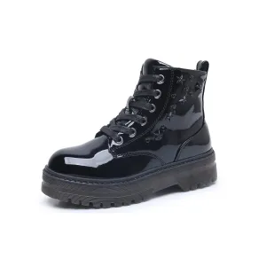 Apakowa Kids Girls Combat Ankle Boots With Side Zipper for Toddler Little/Big Kid-DY6250-PatentBlack