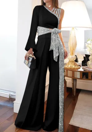 Asymmetric One-Shoulder Glitter Trim High-Waist Wide-Leg Jumpsuit