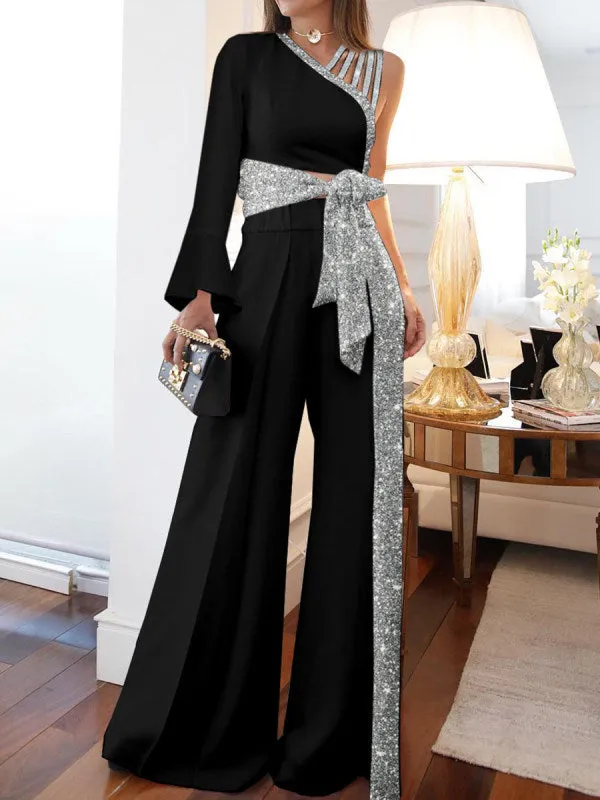Asymmetric One-Shoulder Glitter Trim High-Waist Wide-Leg Jumpsuit