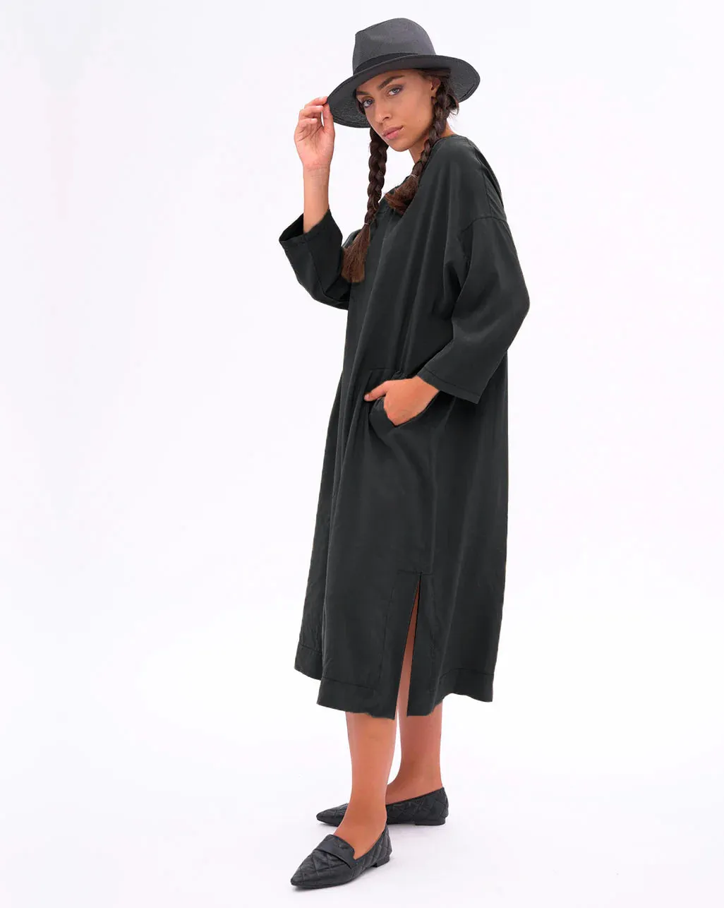 Baci Amici Italy - 3/4 Sleeve Boat Neck Dress Black | A01830
