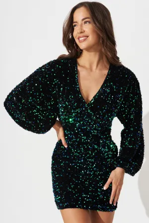 Black and Green Sequin Party Dress