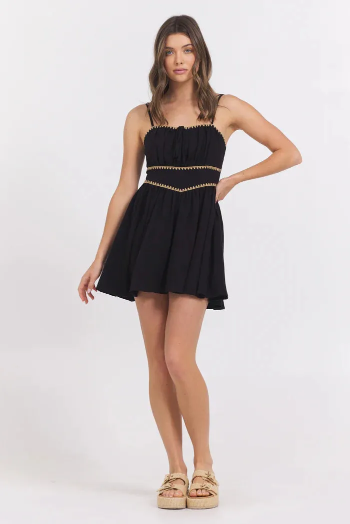 Black Mini Dress w/ Tan Whipstitch