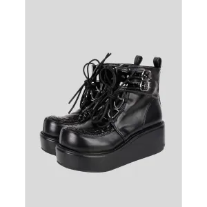 Black Platform Creeper Boots with Lace-Up Design and Textured Sole