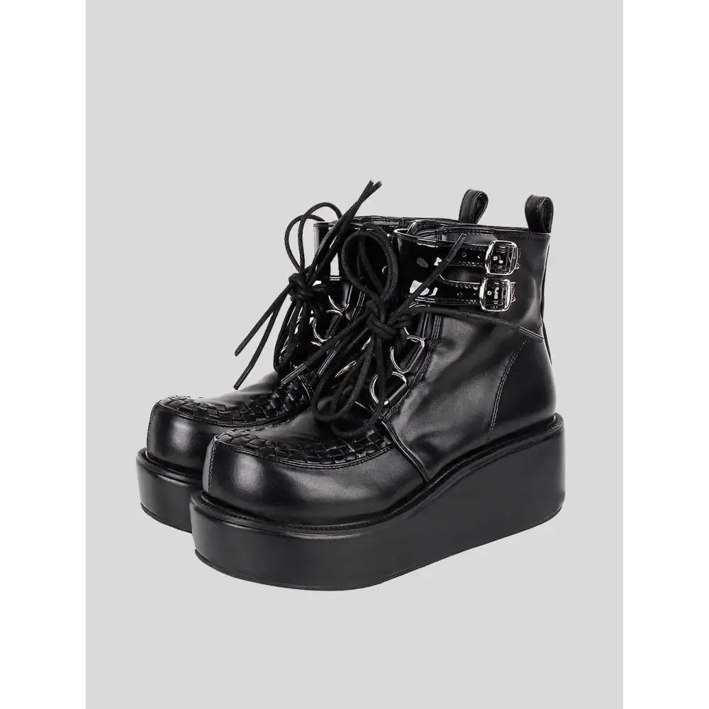 Black Platform Creeper Boots with Lace-Up Design and Textured Sole