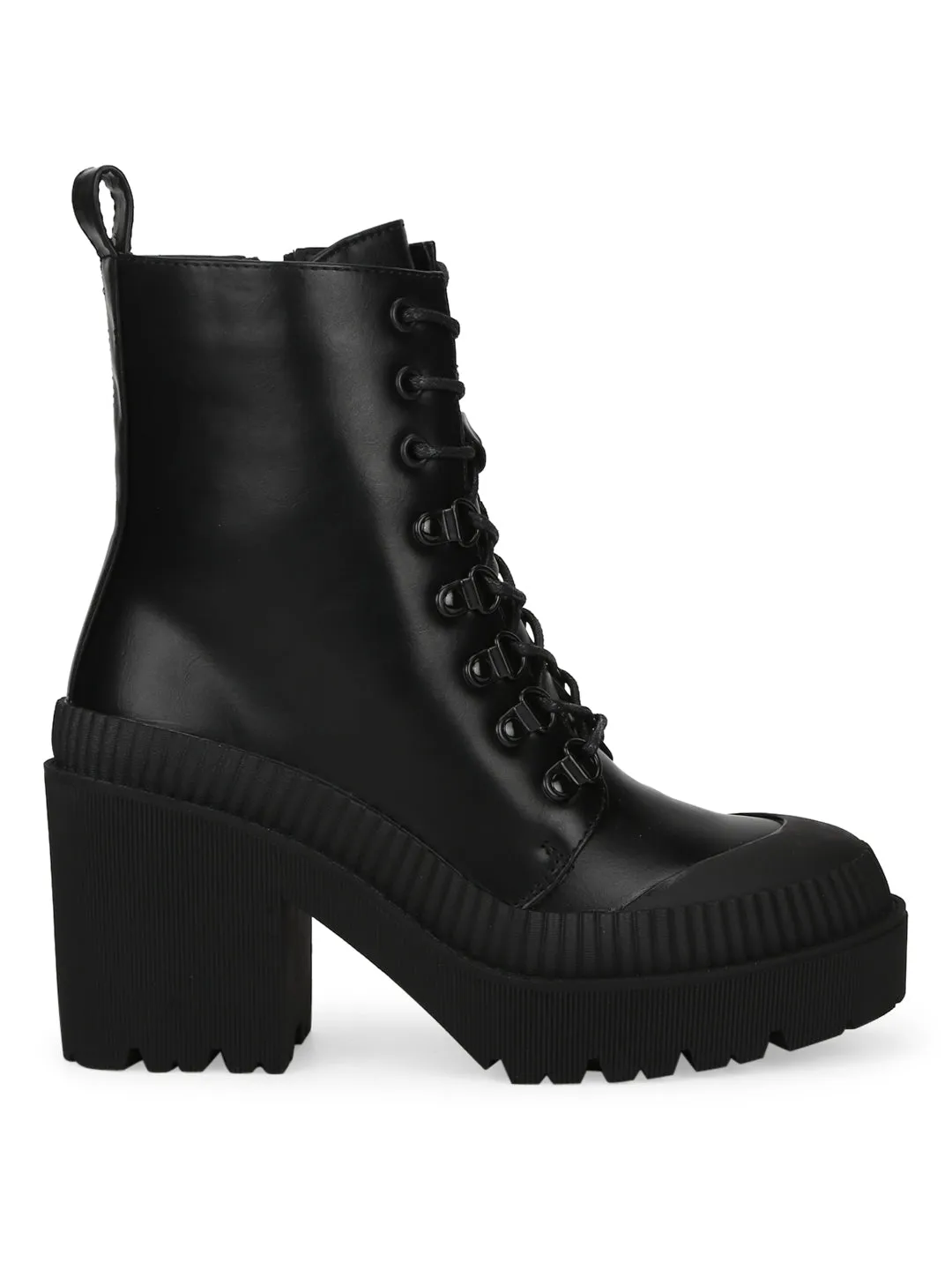 Black PU Lace Up Block Heel Ankle Boots