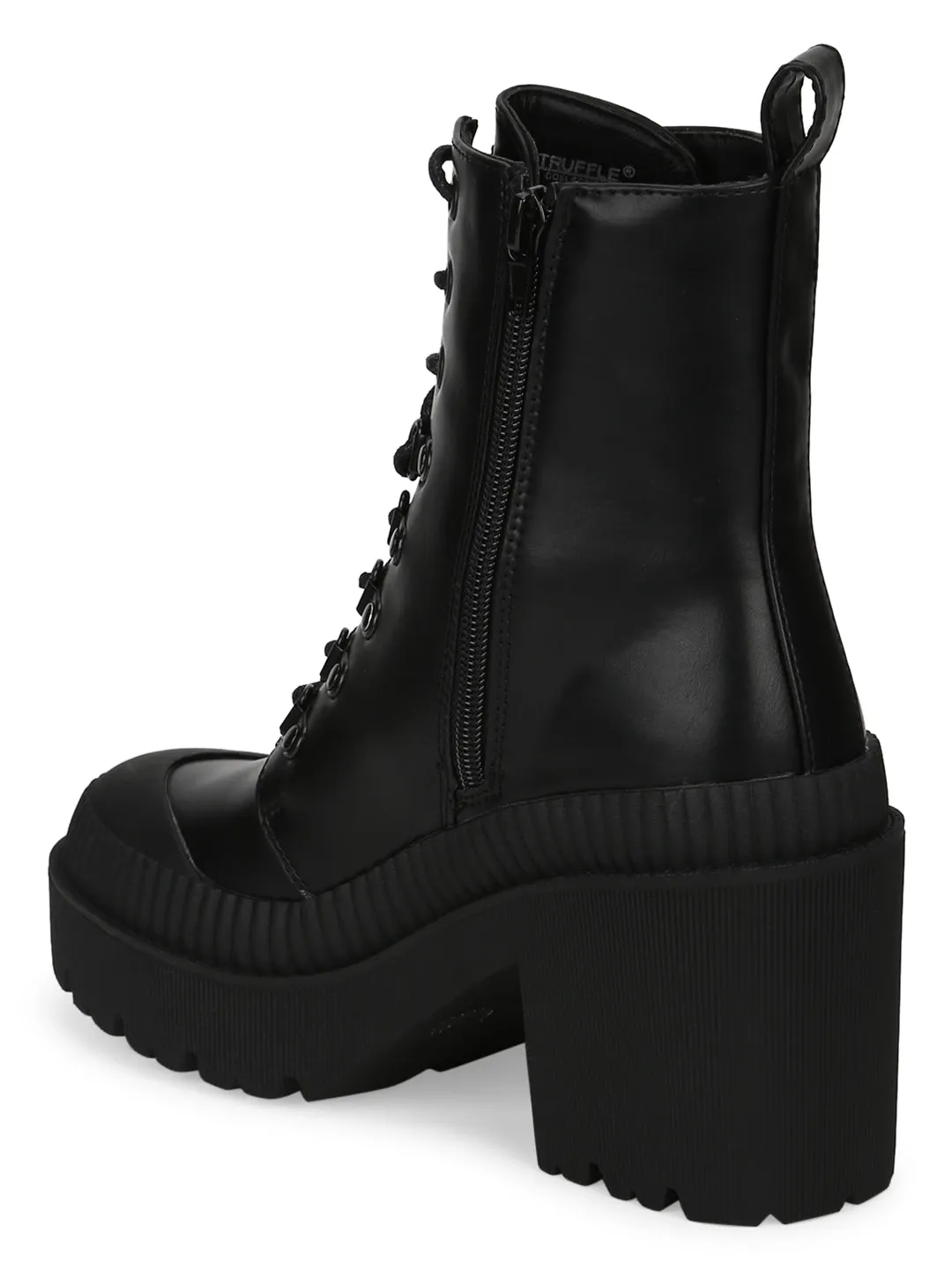 Black PU Lace Up Block Heel Ankle Boots