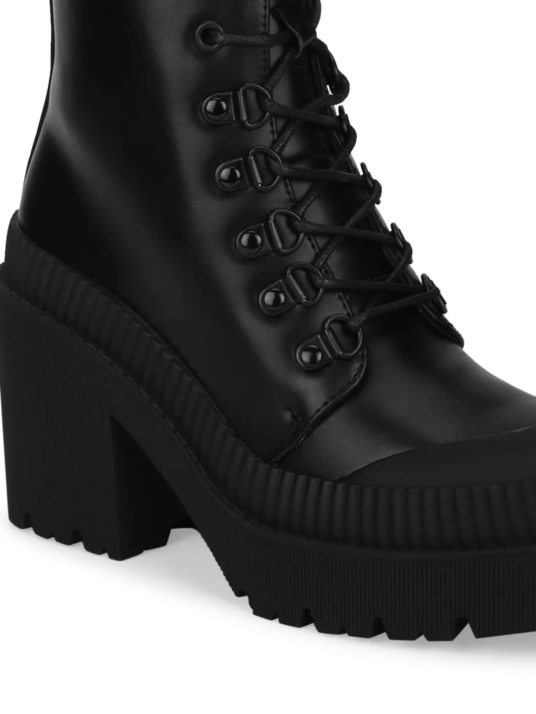 Black PU Lace Up Block Heel Ankle Boots