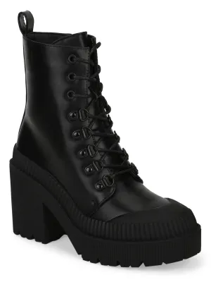 Black PU Lace Up Block Heel Ankle Boots