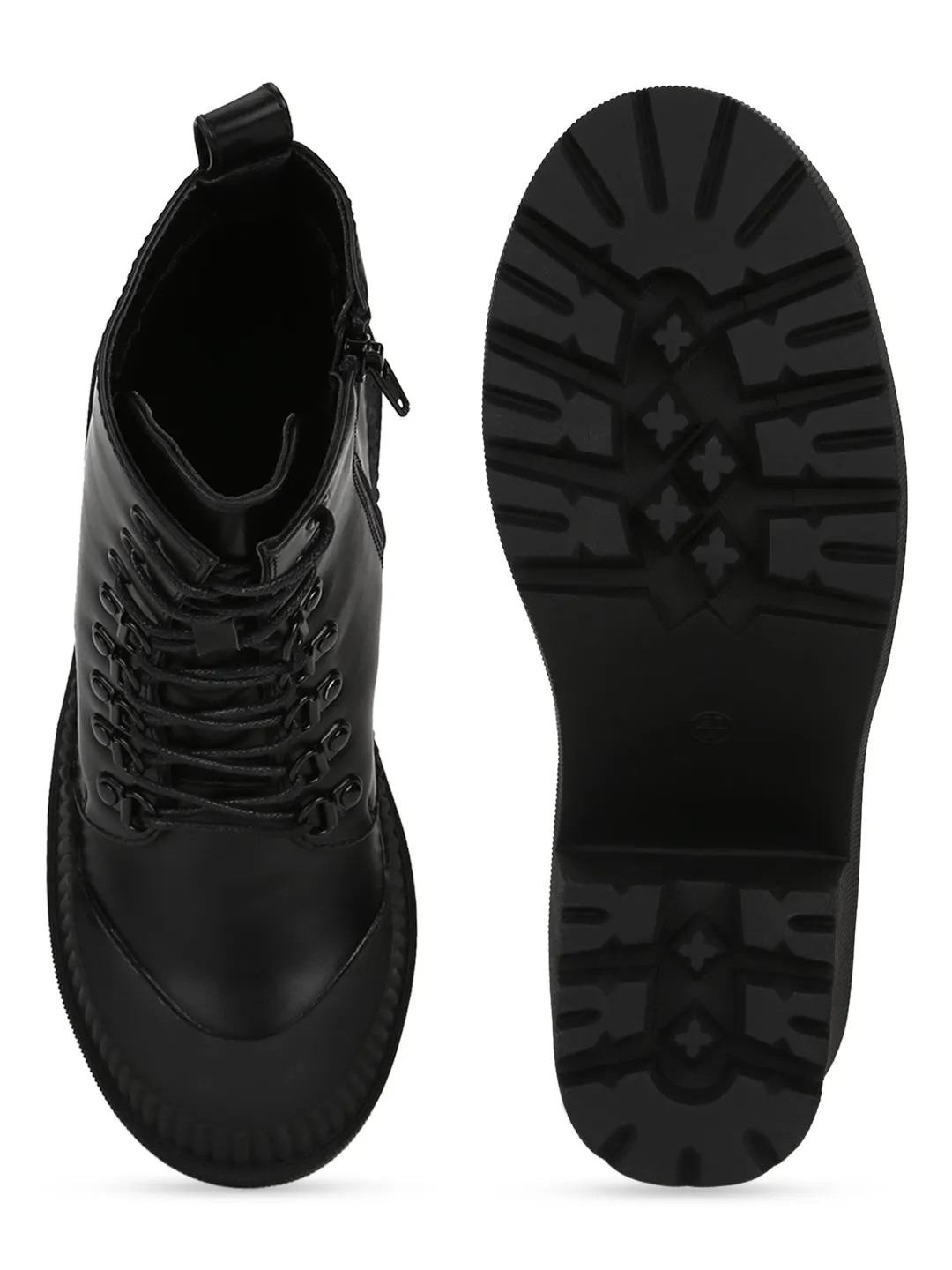 Black PU Lace Up Block Heel Ankle Boots