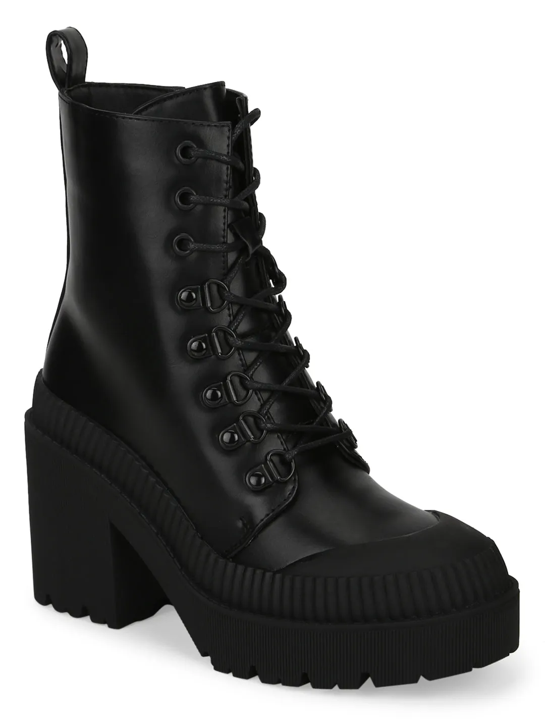 Black PU Lace Up Block Heel Ankle Boots