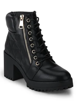 Black PU Zipper Lace-Up Cleated Platform Block Heel Biker Ankle Length Boots