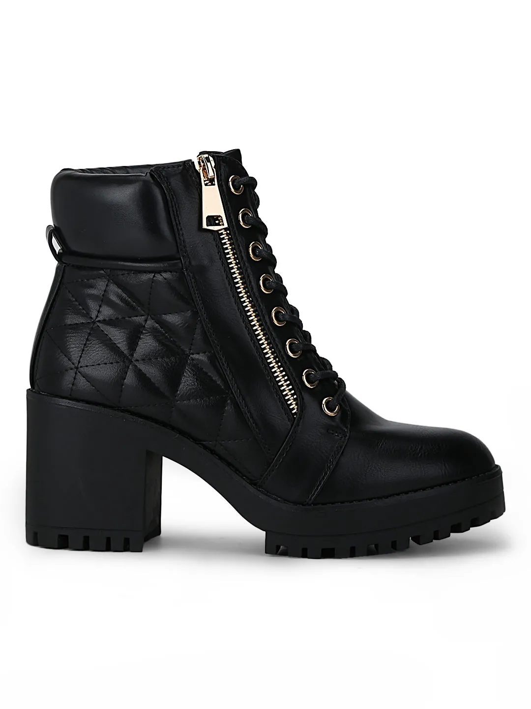 Black PU Zipper Lace-Up Cleated Platform Block Heel Biker Ankle Length Boots