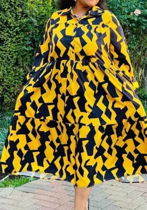 Bold Geometric Print Button-Up Long Sleeve Flowy Midi Dress