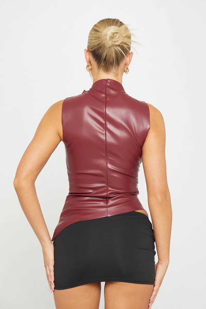 Burgundy Faux Leather Asymmetric Top | High Neck | Edgy Luxe Vibes
