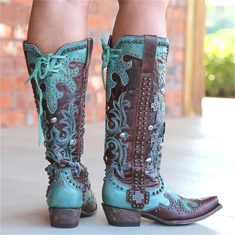 Chic Embroidered Lace-Up Mid-Calf Cowboy Boots with Bold Thick Heels