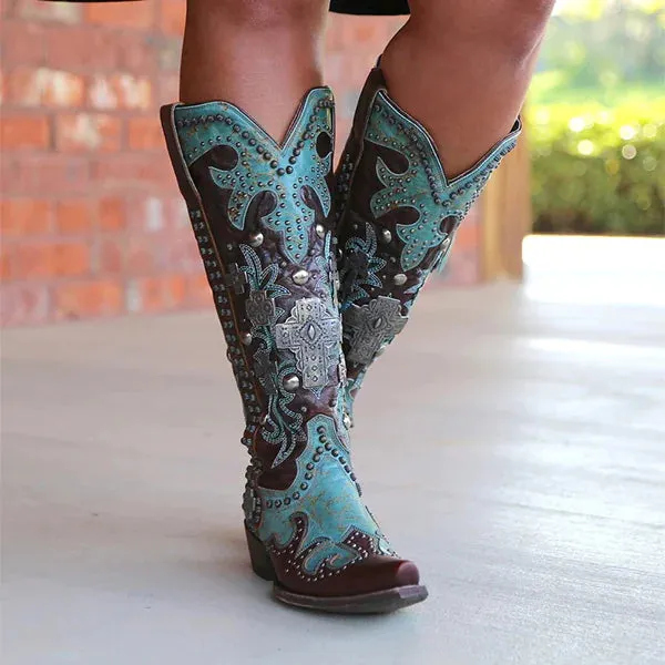 Chic Embroidered Lace-Up Mid-Calf Cowboy Boots with Bold Thick Heels