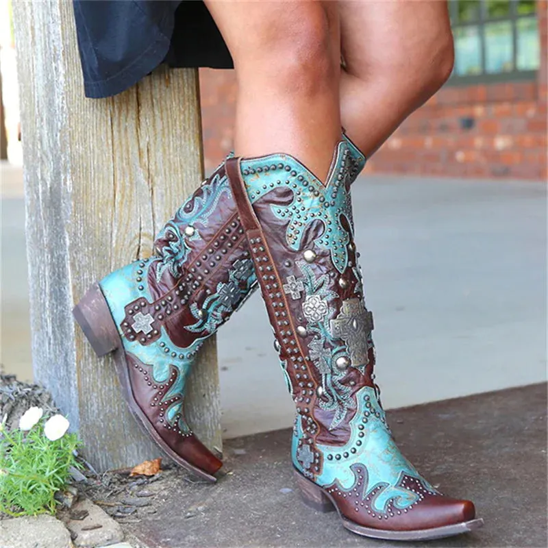 Chic Embroidered Lace-Up Mid-Calf Cowboy Boots with Bold Thick Heels