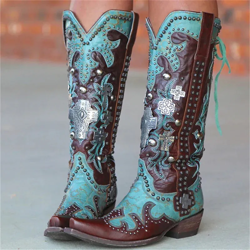 Chic Embroidered Lace-Up Mid-Calf Cowboy Boots with Bold Thick Heels