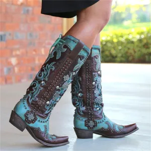Chic Embroidered Lace-Up Mid-Calf Cowboy Boots with Bold Thick Heels