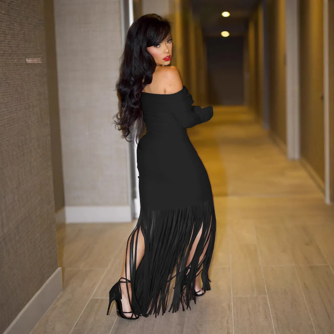 Chic Off-Shoulder Tassel Wrap Dress for Effortless Sophistication