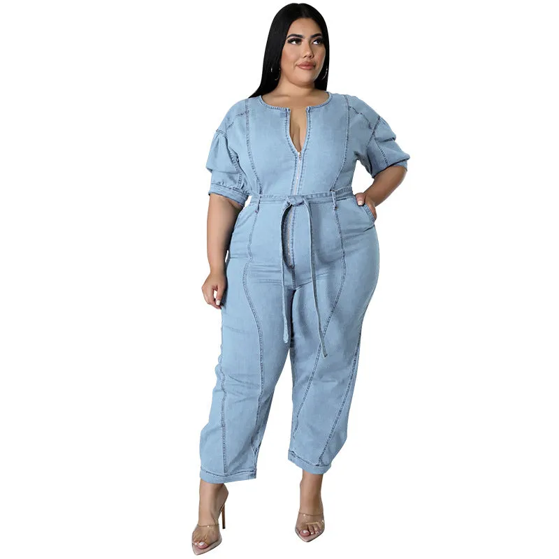 Chic Short-Sleeve Zip-Front Belted Denim Jumpsuit