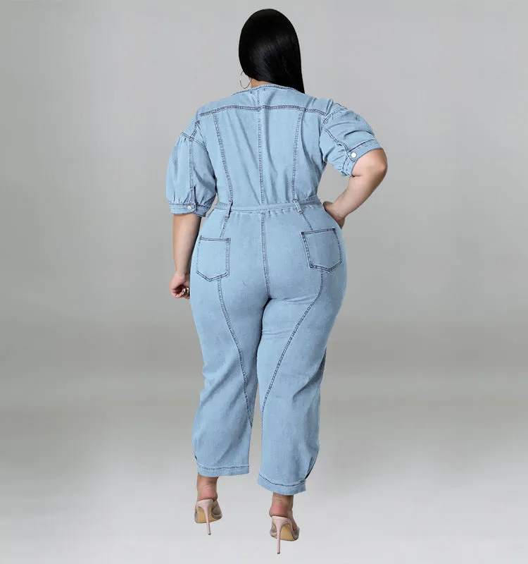 Chic Short-Sleeve Zip-Front Belted Denim Jumpsuit