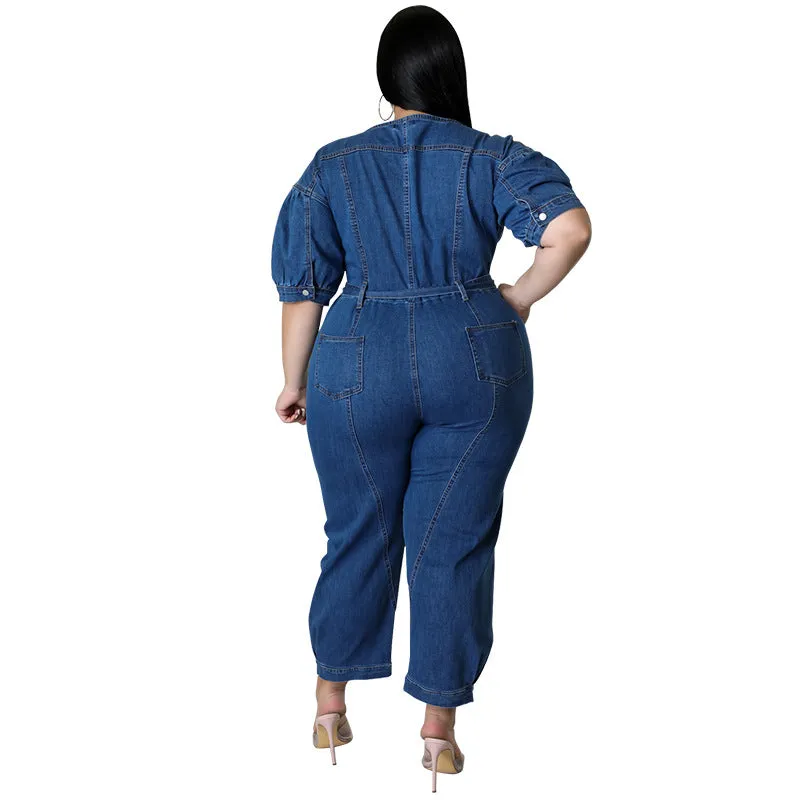 Chic Short-Sleeve Zip-Front Belted Denim Jumpsuit
