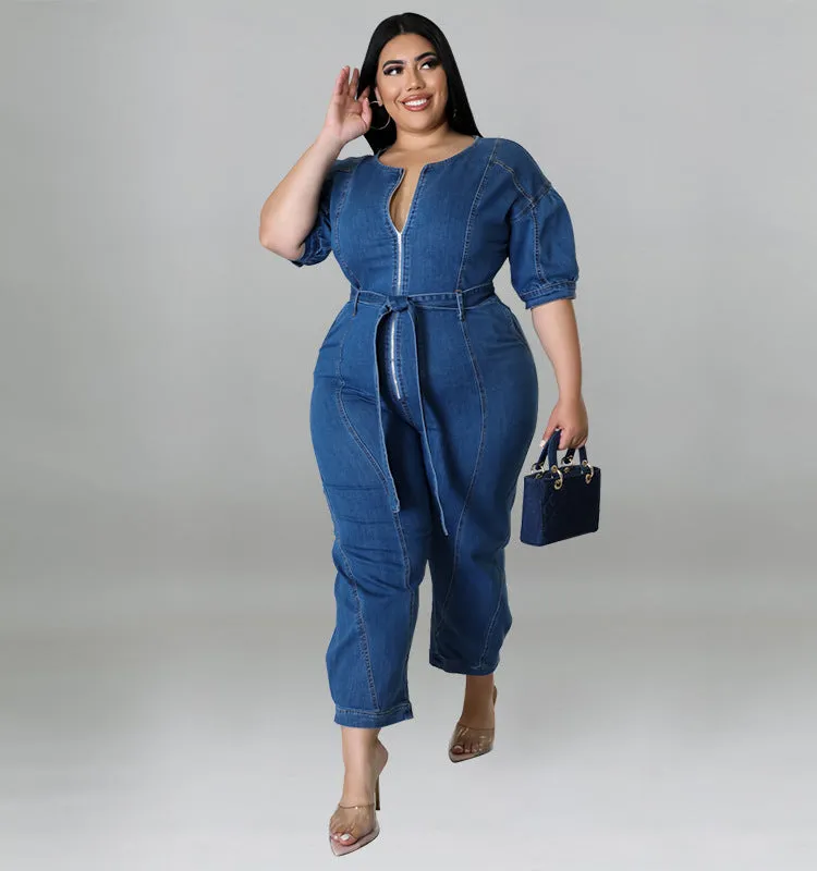 Chic Short-Sleeve Zip-Front Belted Denim Jumpsuit