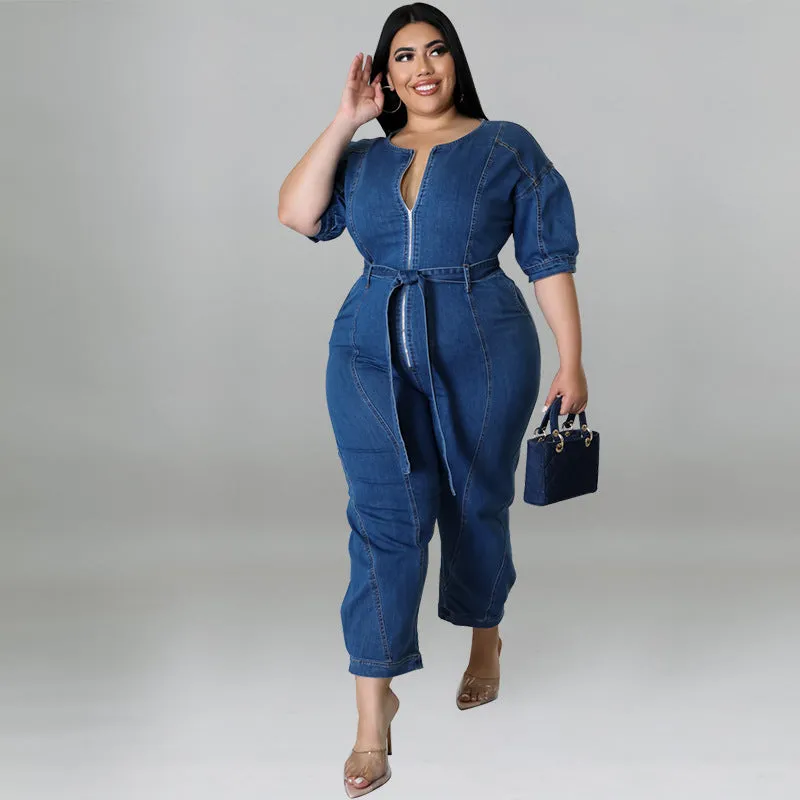Chic Short-Sleeve Zip-Front Belted Denim Jumpsuit