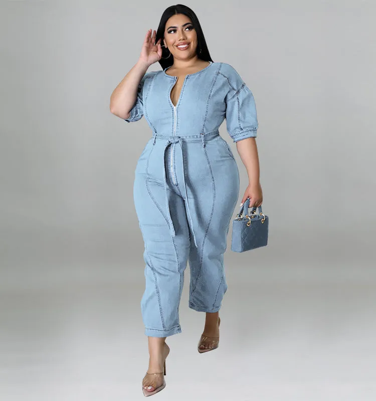 Chic Short-Sleeve Zip-Front Belted Denim Jumpsuit