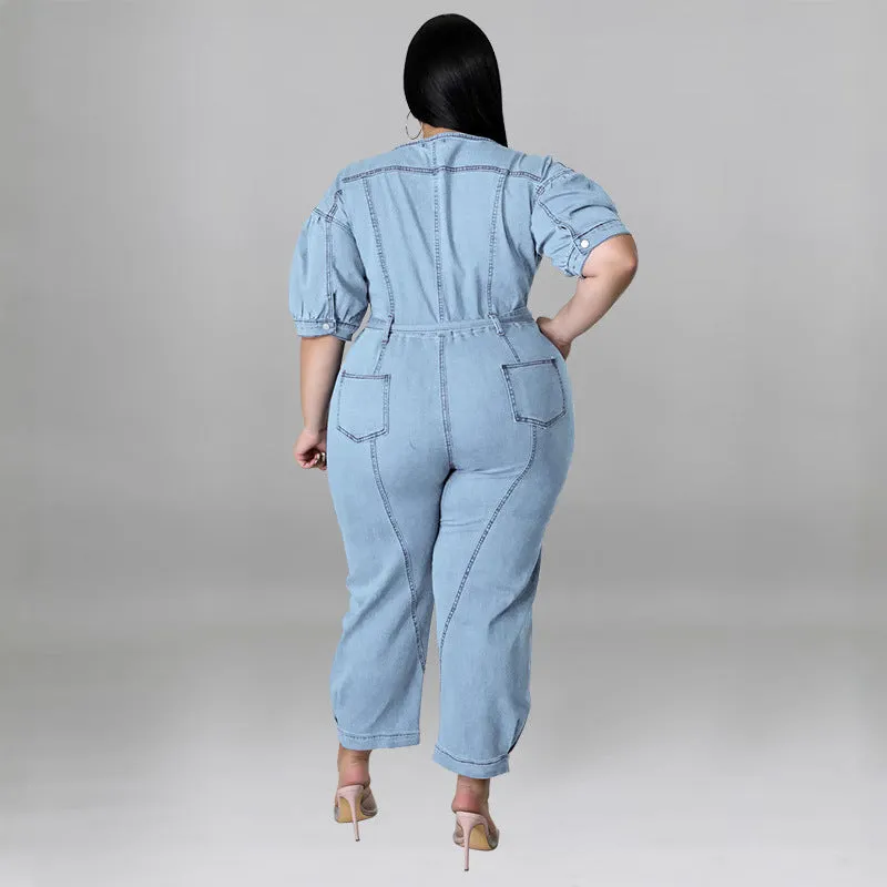 Chic Short-Sleeve Zip-Front Belted Denim Jumpsuit