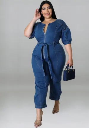 Chic Short-Sleeve Zip-Front Belted Denim Jumpsuit