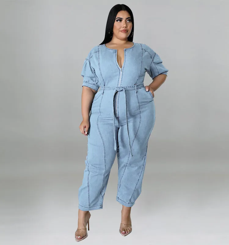 Chic Short-Sleeve Zip-Front Belted Denim Jumpsuit