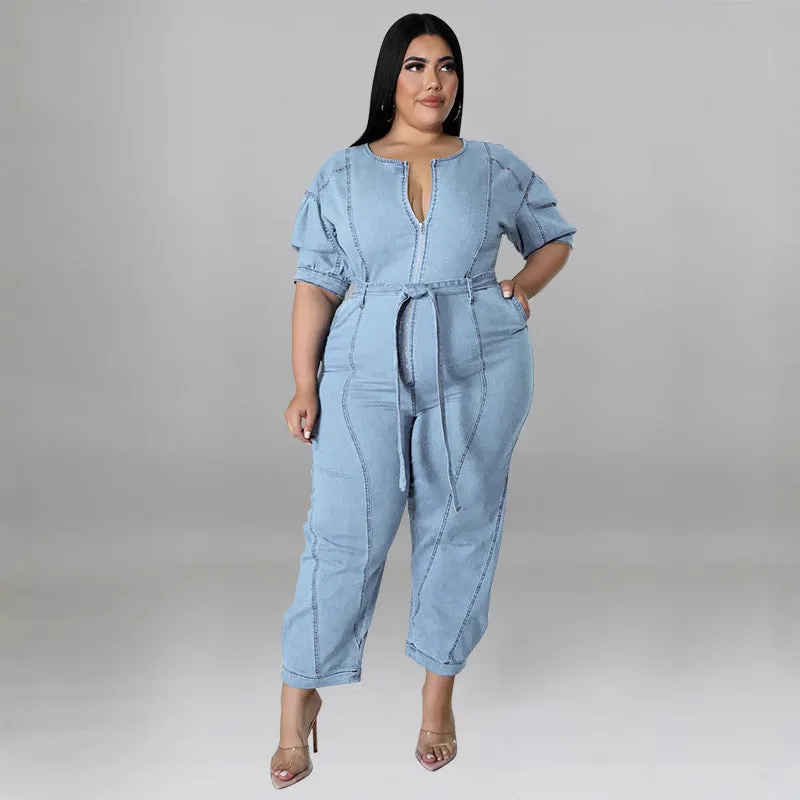 Chic Short-Sleeve Zip-Front Belted Denim Jumpsuit
