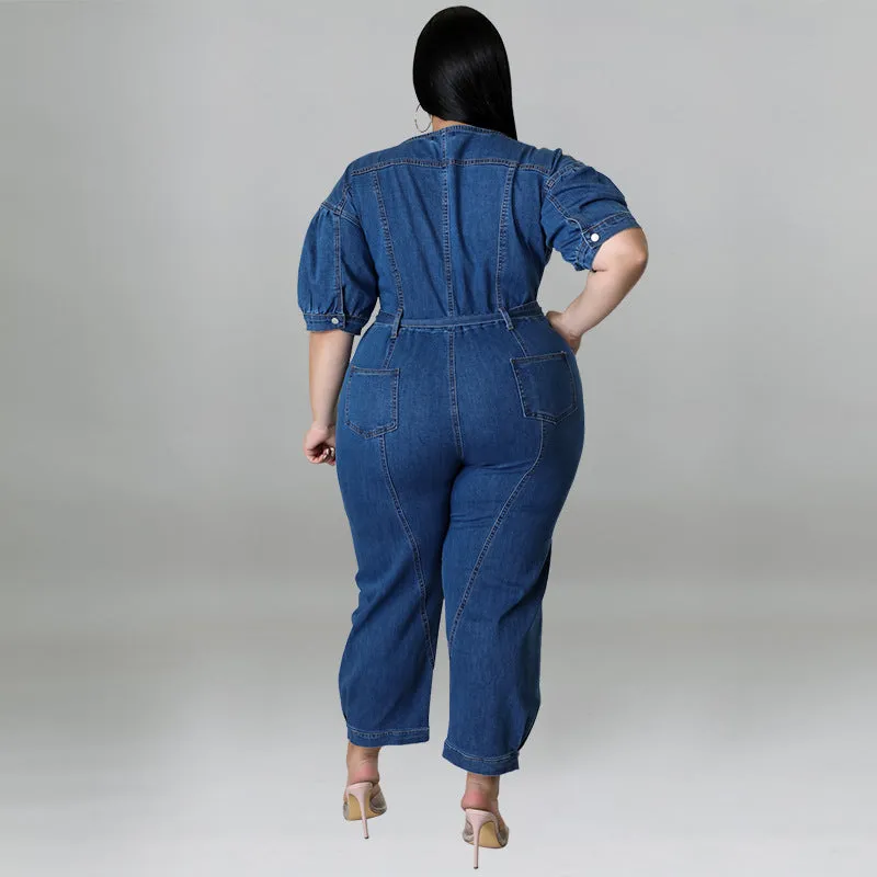 Chic Short-Sleeve Zip-Front Belted Denim Jumpsuit