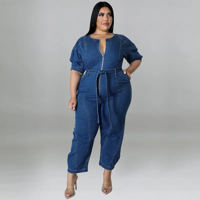 Chic Short-Sleeve Zip-Front Belted Denim Jumpsuit