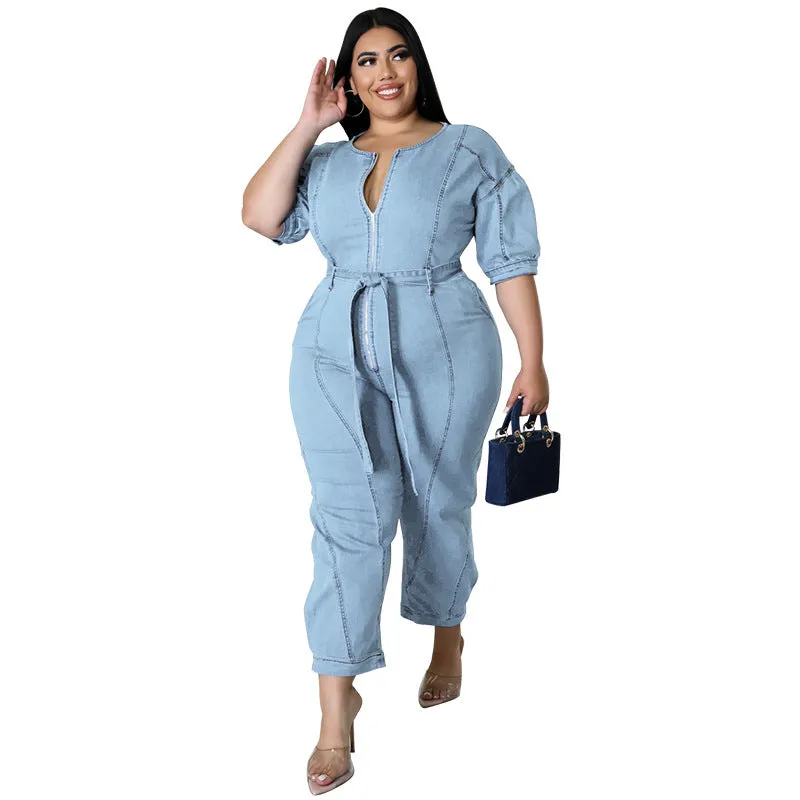 Chic Short-Sleeve Zip-Front Belted Denim Jumpsuit