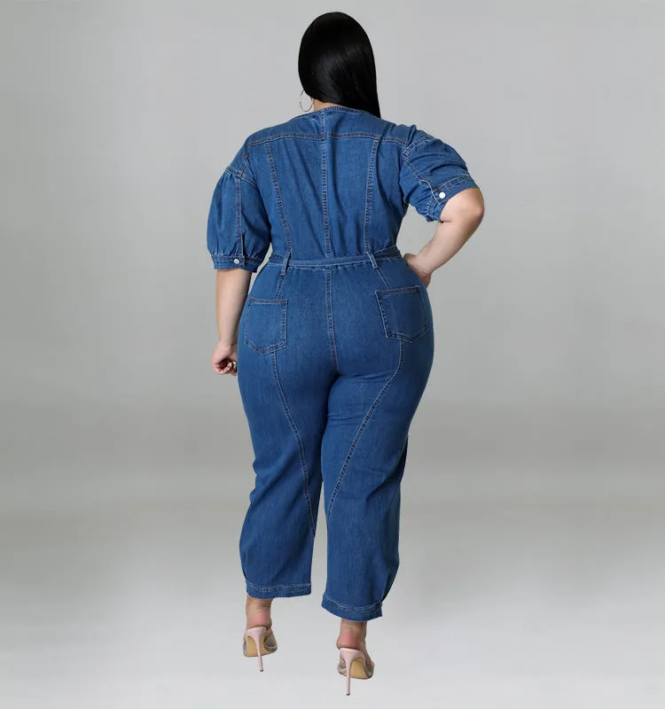 Chic Short-Sleeve Zip-Front Belted Denim Jumpsuit