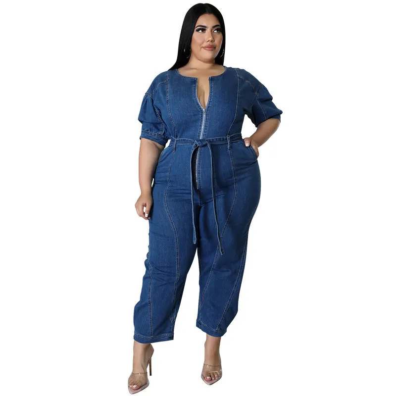 Chic Short-Sleeve Zip-Front Belted Denim Jumpsuit