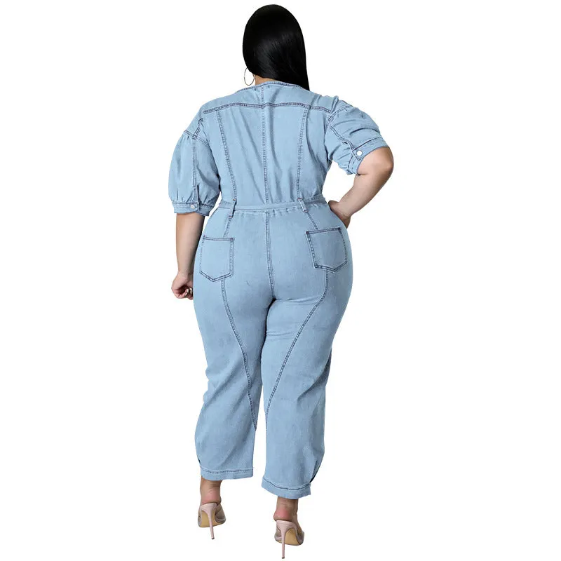 Chic Short-Sleeve Zip-Front Belted Denim Jumpsuit