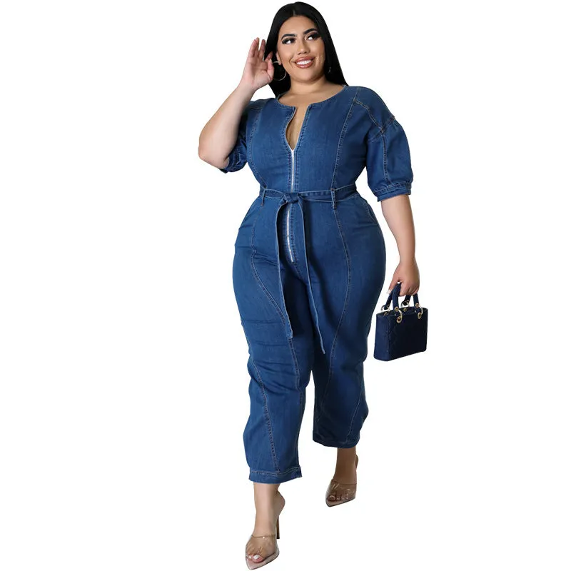 Chic Short-Sleeve Zip-Front Belted Denim Jumpsuit