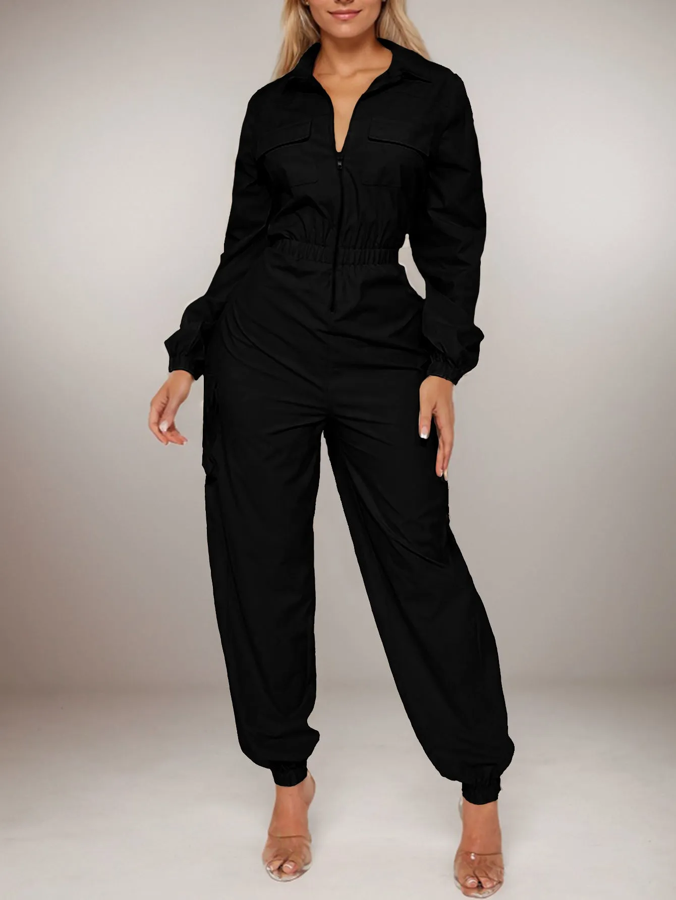 Chic Slim Waist Zipper Cargo Jumpsuit with Functional Pockets