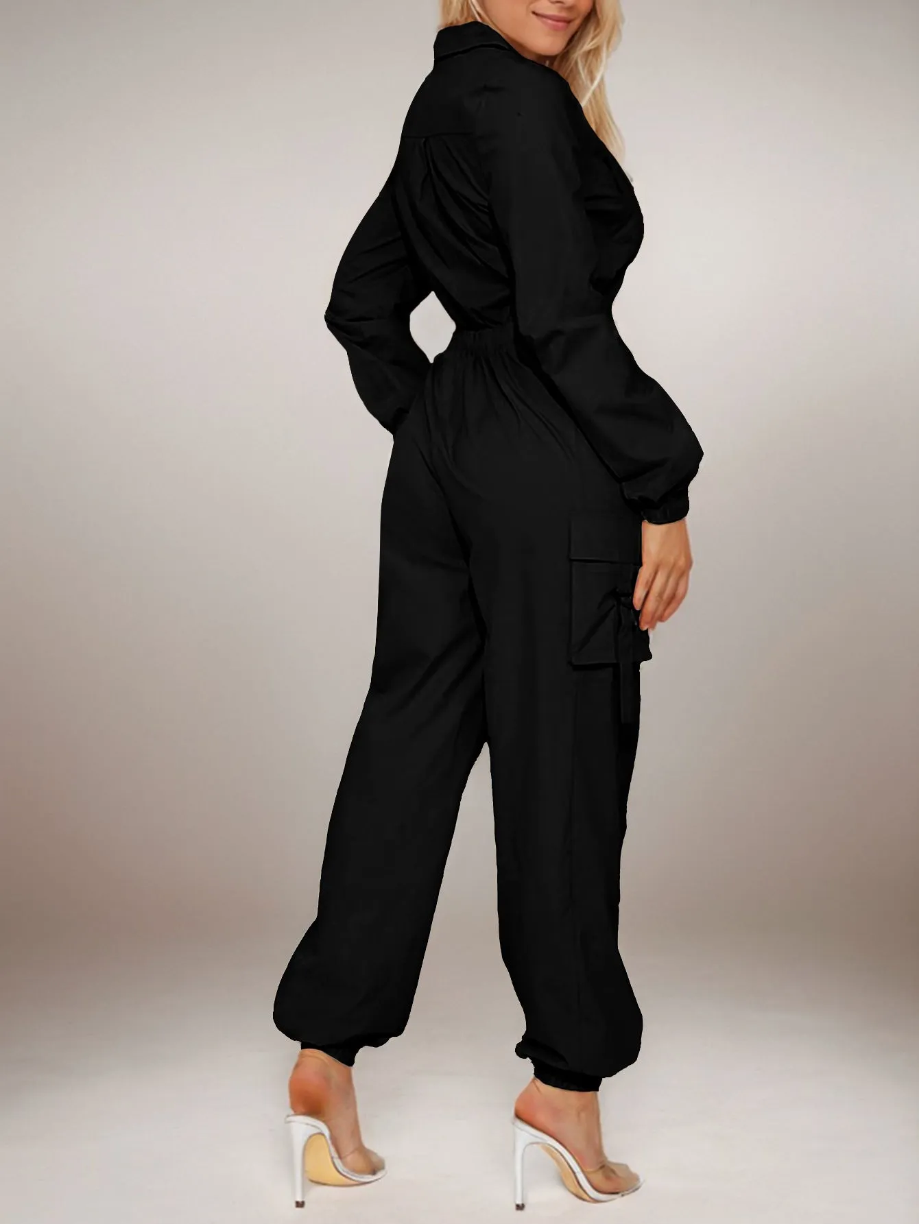 Chic Slim Waist Zipper Cargo Jumpsuit with Functional Pockets