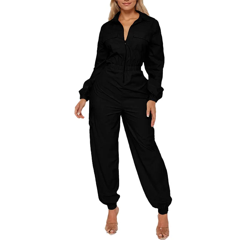 Chic Slim Waist Zipper Cargo Jumpsuit with Functional Pockets