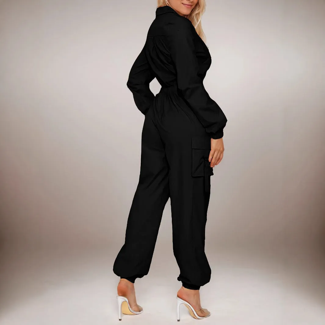 Chic Slim Waist Zipper Cargo Jumpsuit with Functional Pockets