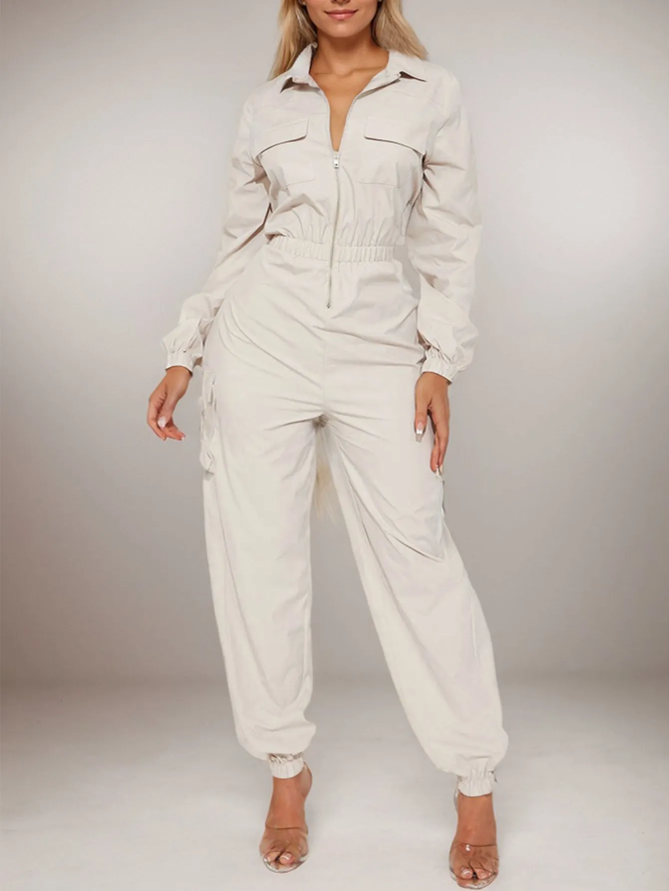 Chic Slim Waist Zipper Cargo Jumpsuit with Functional Pockets