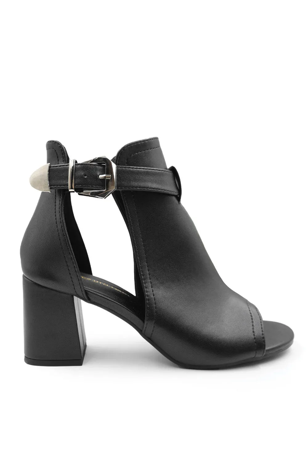 CHLOE BLOCK HEEL WITH SIDE BUCKLE AND OPEN TOE FRONT IN BLACK FAUX LEATHER