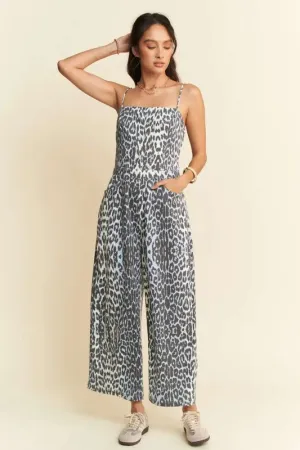Davi & Dani Leopard Spaghetti Straps Wide Leg Jumpsuit